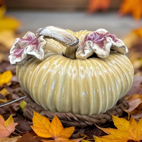 Large Lifelike Ceramic Pumpkin with Applied Leaves Golden Color Fall Decor 7" - Picture 1 of 8